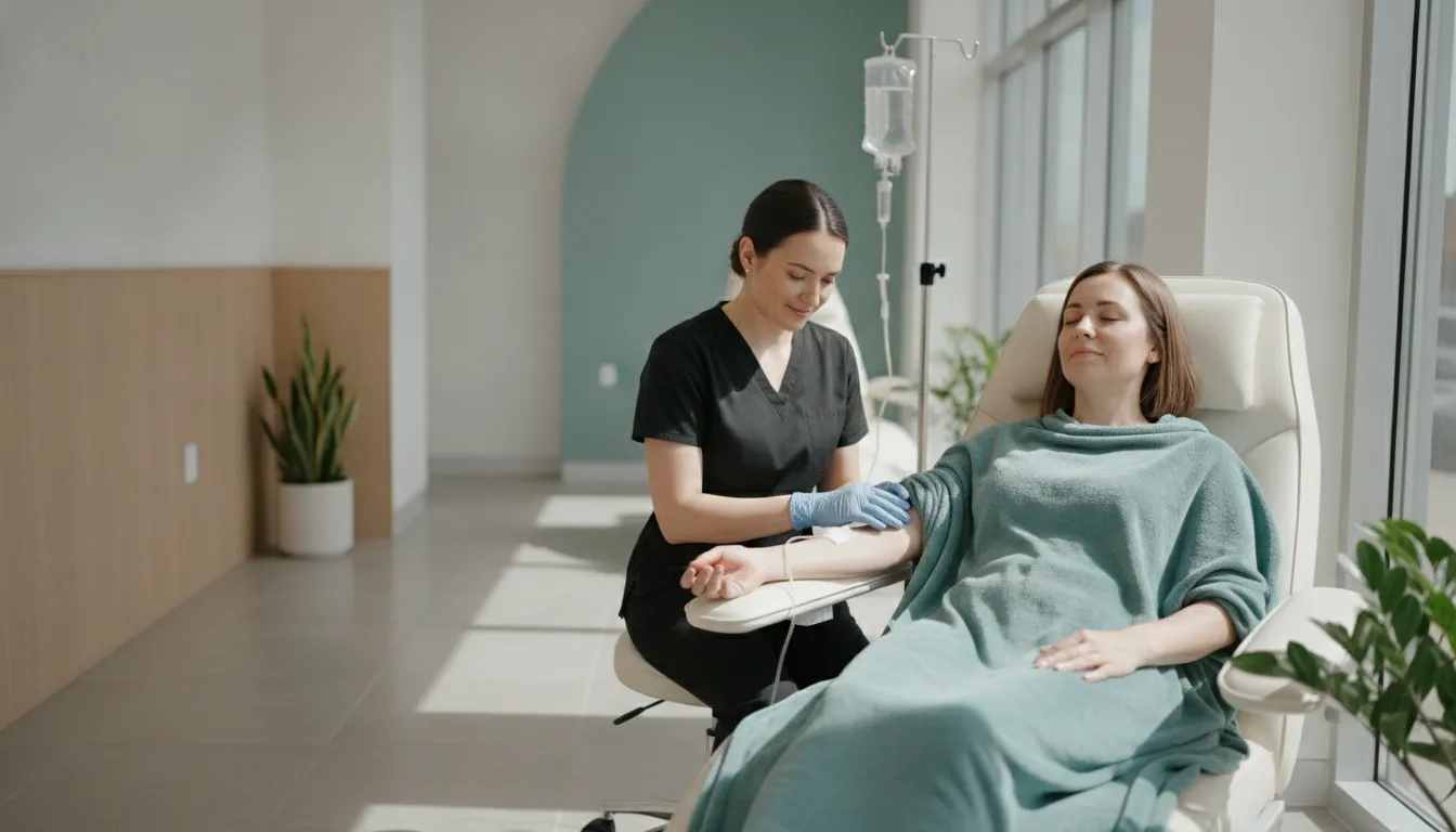 Nurse supervising IV hydration therapy at Cisseriac Wellness Center in Farmington Hills