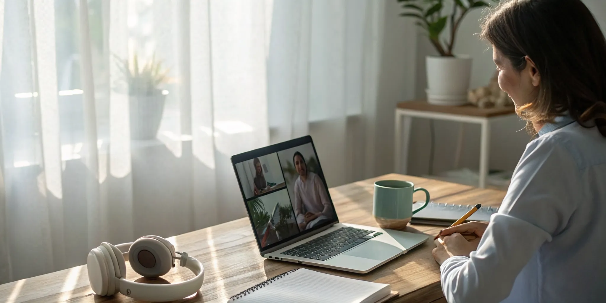 Woman at home attending an online therapy session for depression and anxiety on her laptop 